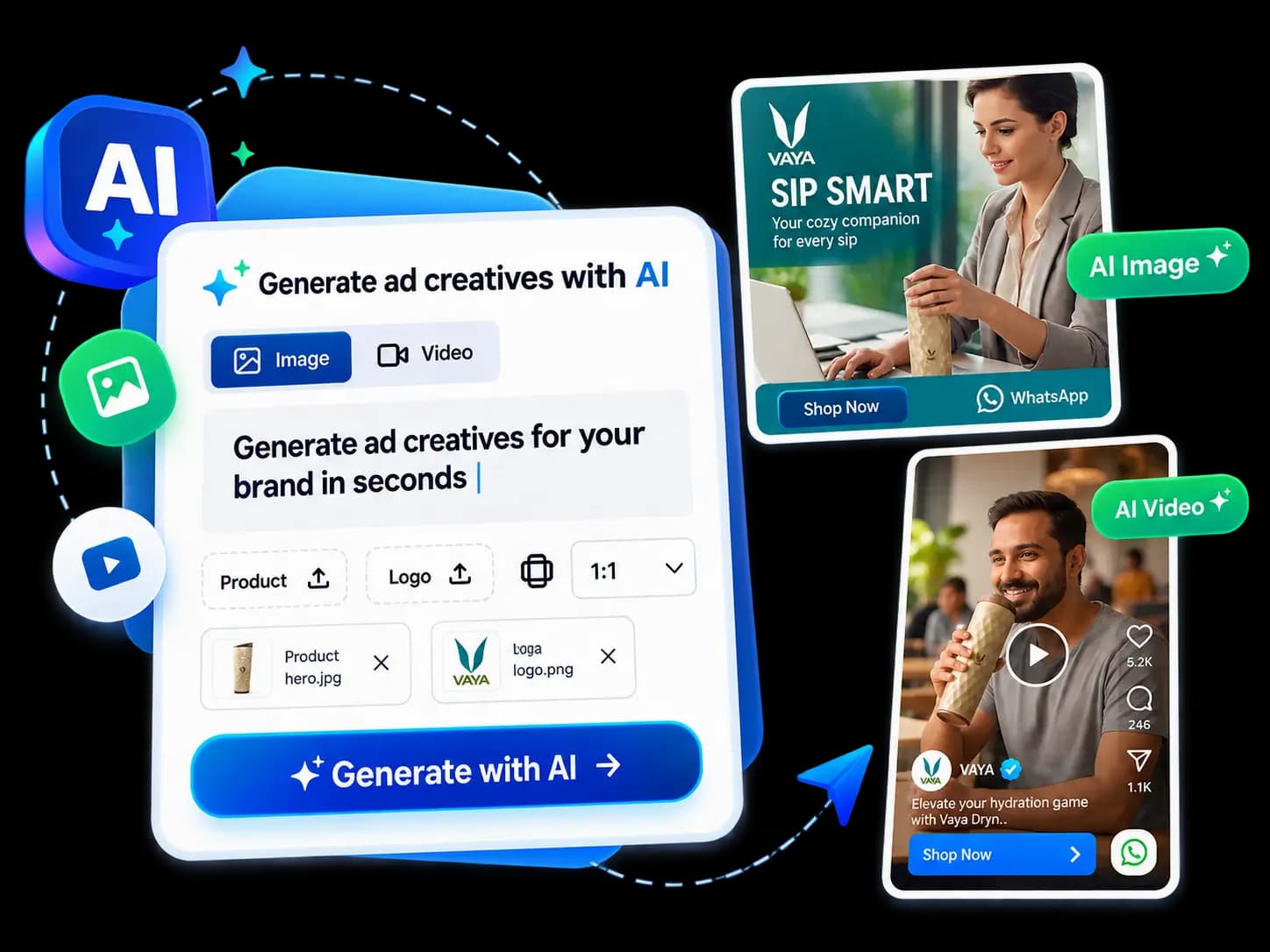 Get Click Media AI Ad Creative Generator dashboard creating a Click-to-WhatsApp ad