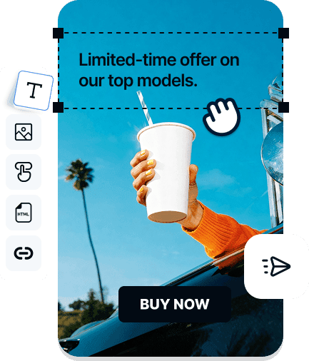 Drag-and-drop email editor with text, image, button and HTML blocks