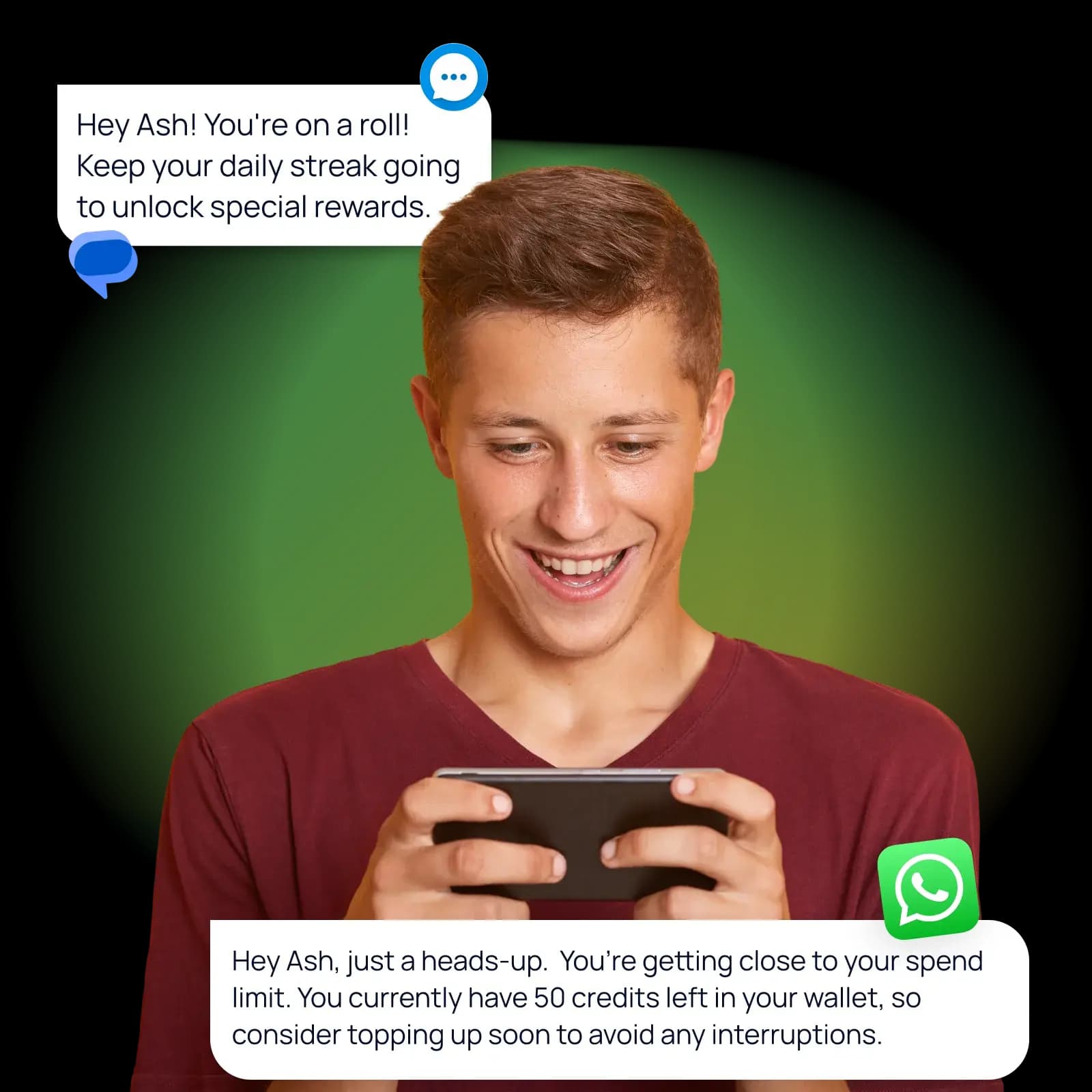 Mobile gamer receiving a daily-streak reward nudge and a WhatsApp in-game spend-limit alert, illustrating Get Click Media's SMS, WhatsApp, and RCS messaging for player engagement and account security