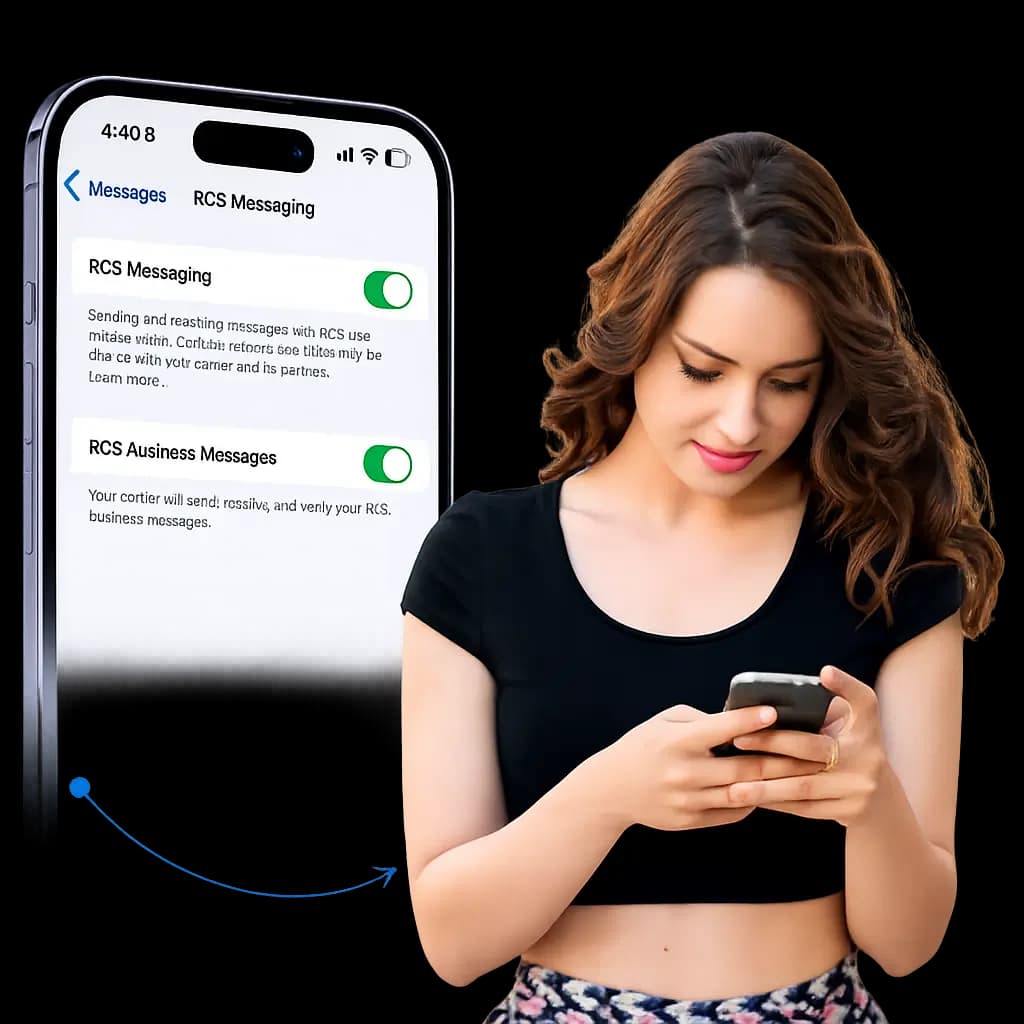 RCS message thread shown alongside an iPhone and an Android device