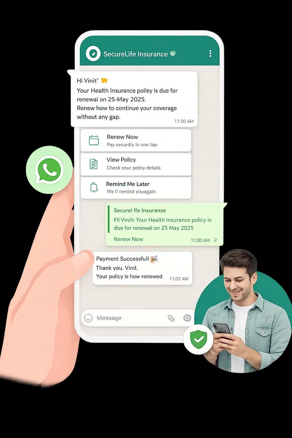 WhatsApp insurance renewal reminder preview- policy details, premium amount, and Renew Now button with one-tap payment