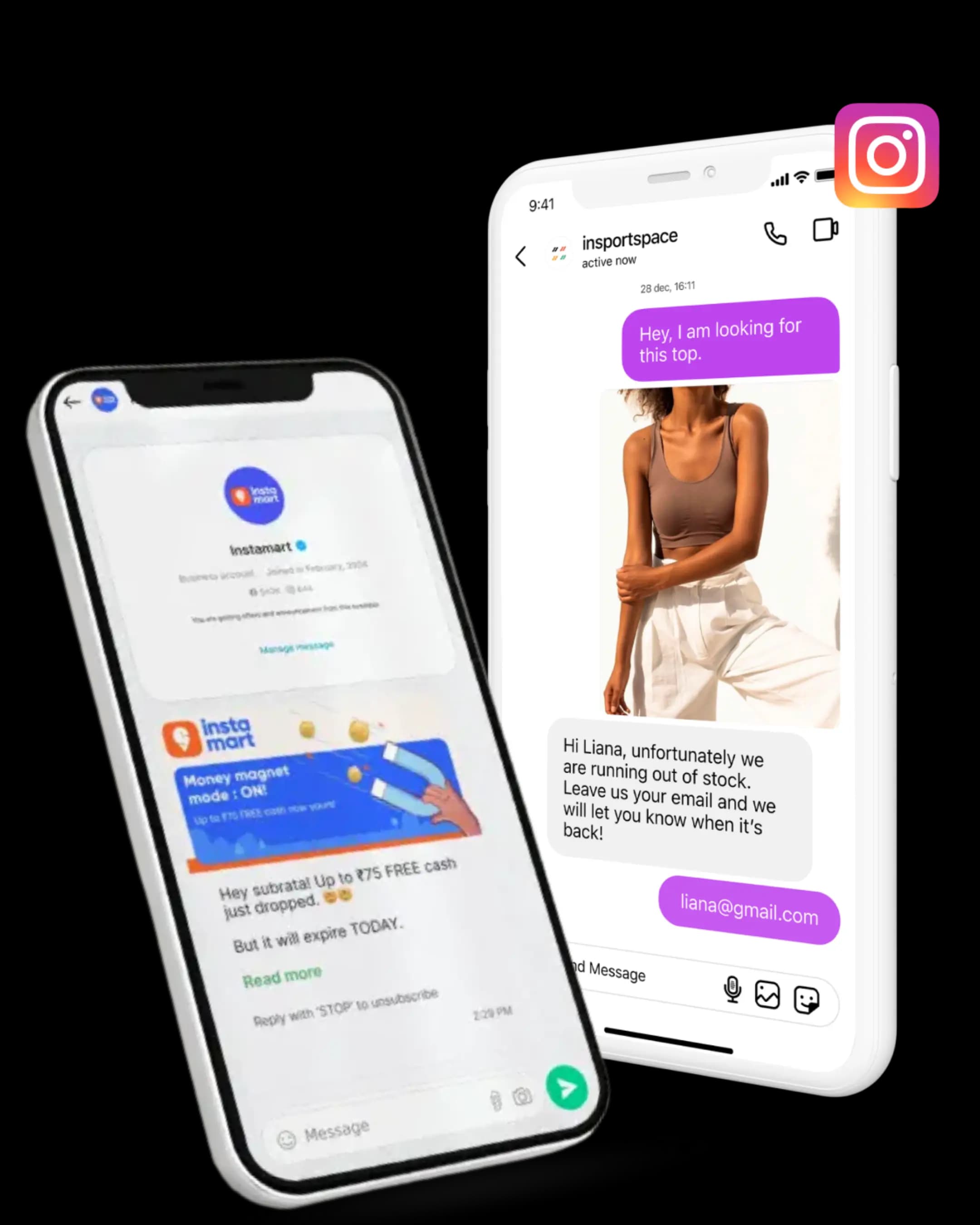 RCS Business Message compared to an Instagram DM conversation on a smartphone