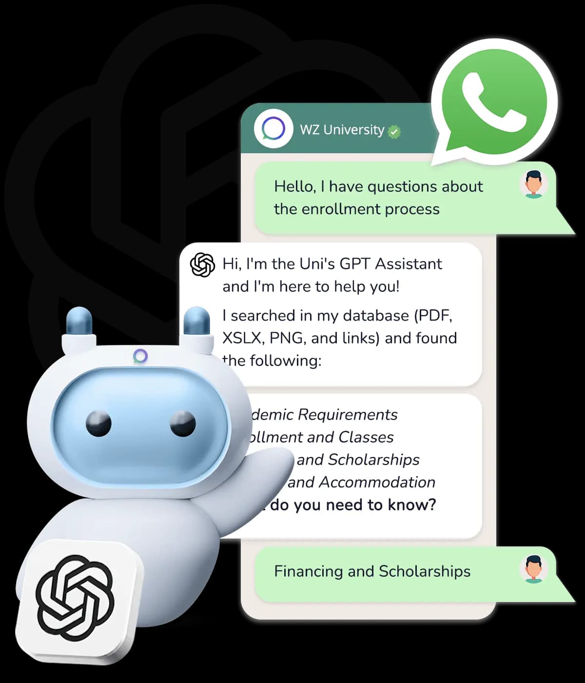 WhatsApp chatbot conversation on a phone