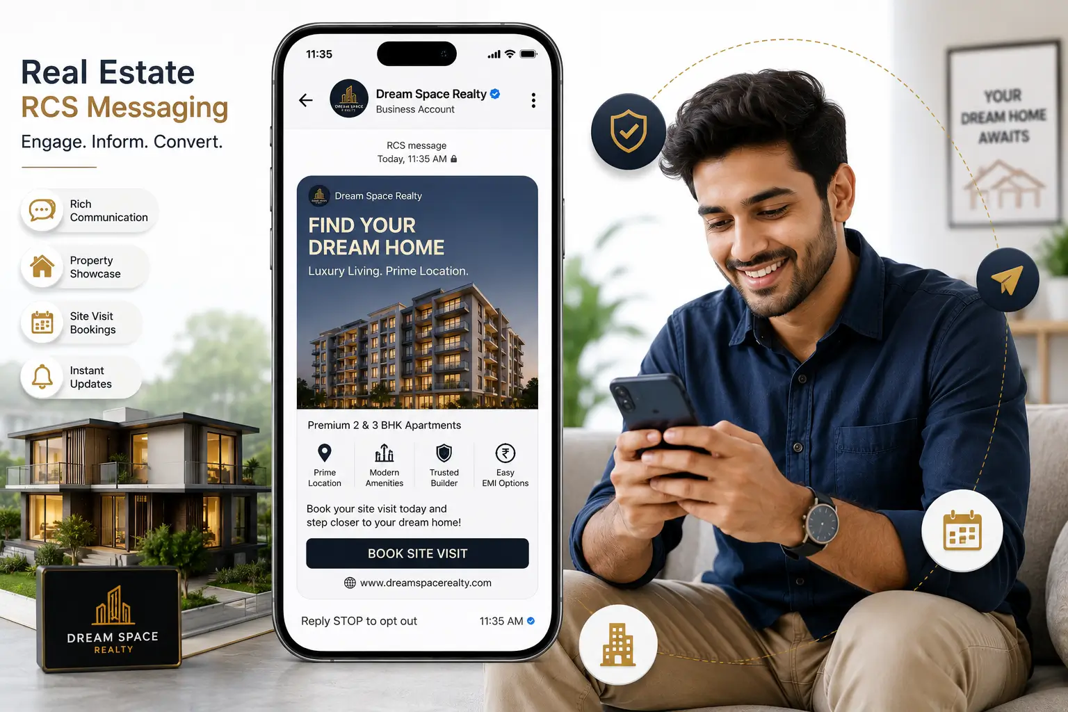 RCS for real estate in India — property launch carousels, site visit bookings, location maps
